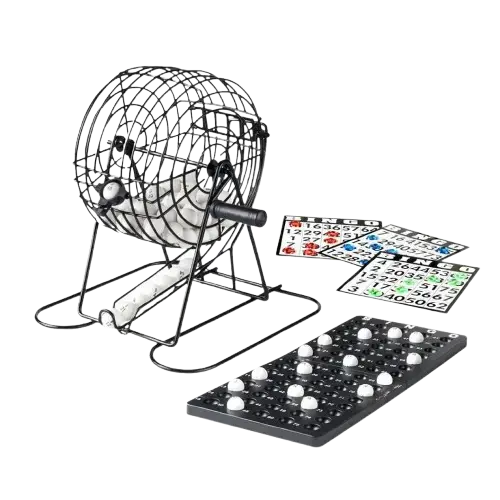 SET BINGO: BOLILLERO METÁLICO, MARCADORES, CARTONES, BOLAS, BASE 21x20cm - imagen 1