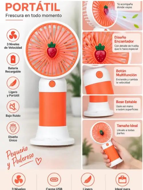 VENTILADOR PORTÁTIL ROJO Y BLANCO DISEÑO FRUTILLA - imagen 2