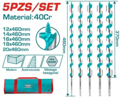KIT/SET 5 MECHAS 460mm(46cm) PARA MADERA ENCASTRE HEX ¼"+BOLSO INDUSTRIAL - imagen 2