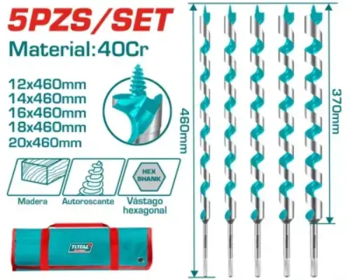 KIT/SET 5 MECHAS 460mm(46cm) PARA MADERA ENCASTRE HEX ¼"+BOLSO INDUSTRIAL - imagen 2