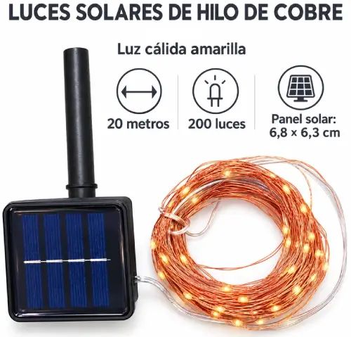 LUCES CÁLIDAS x200 HILO COBRE 20mts c/PANEL SOLAR 6.8x6.3cm - imagen 4
