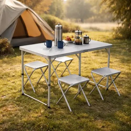 MESA PLEGABLE 120x60x70cm PLEGADA 60x60cmx6.5cm CON 4 BANCOS 36x34x28cm ALEACIÓN ALUMINIO+ABS - imagen 3