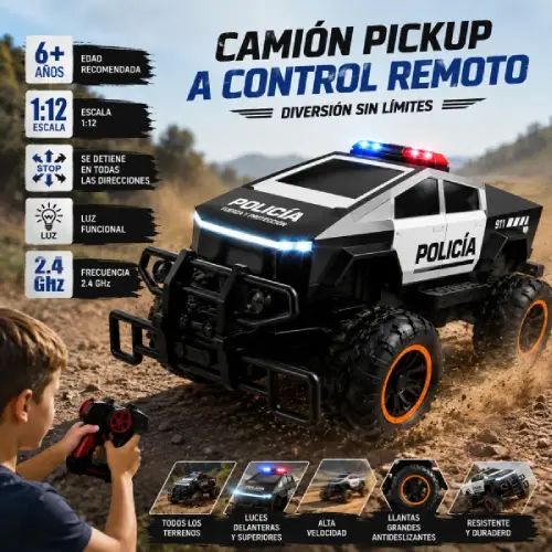 CYBERTRUCK POLICÍA A CONTROL REMOTO LUCES LED MÚSICA 32.5x19x17cm - imagen 4