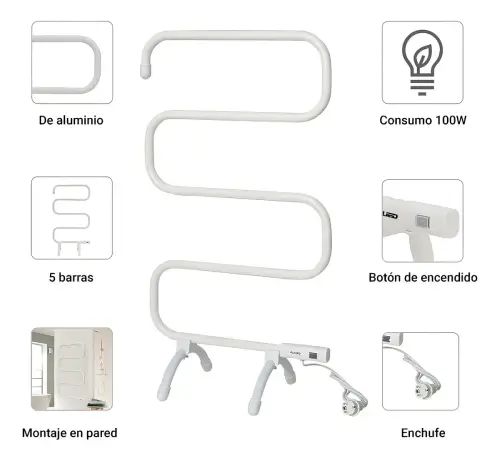CALENTADOR DE TOALLAS ELÉCTRICO ALUMINIO 1M 220V 100W 95x50x30cm - imagen 2