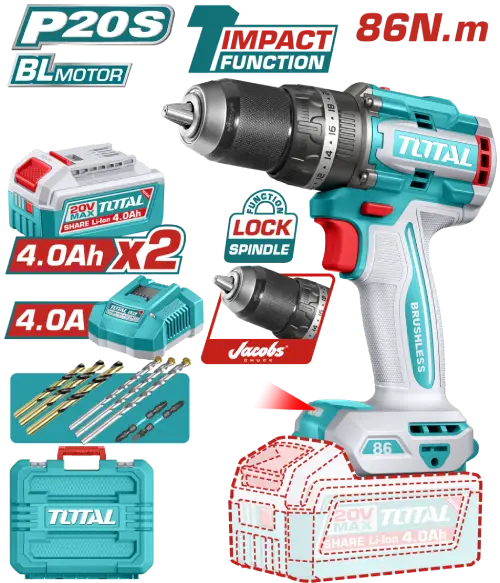 TALADRO ATORNILLADOR INALÁMBRICO 20V c/PERCUTOR 86Nm+2 BATERÍAS 4.0Ah+CARGADOR RÁPIDO 4A+MALETÍN INDUSTRIAL - imagen 2