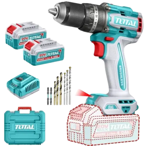 TALADRO ATORNILLADOR INALÁMBRICO 20V c/PERCUTOR 86Nm+2 BATERÍAS 4.0Ah+CARGADOR RÁPIDO 4A+MALETÍN INDUSTRIAL