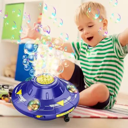 BURBUJERO AUTOMÁTICO DISEÑO TROMPO/OVNI RECARGABLE LUZ LED 360° 19x19x13cm - imagen 2