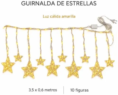 LUCES CÁLIDAS DISEÑO ESTRELLAS x10 c/ENCHUFE 3.5x0.6m - imagen 2