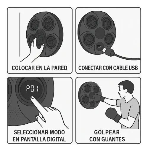 MÁQUINA DE BOXEO ABS BLUETOOTH LED MÚSICA Y LUCES 5 OBJETIVOS CON GUANTES 40x40x6.3cm - imagen 5