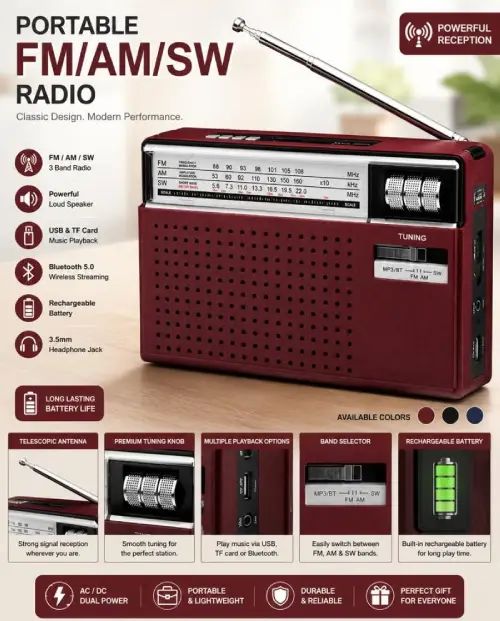 RADIO PORTÁTIL RETRO RECARGABLE Y A PILAS 5W 1200mAh 25x15x6cm - imagen 2