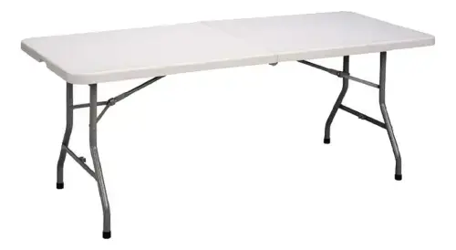 Mesa plegable rectangular de plástico resistente con estructura metálica. - imagen principal
