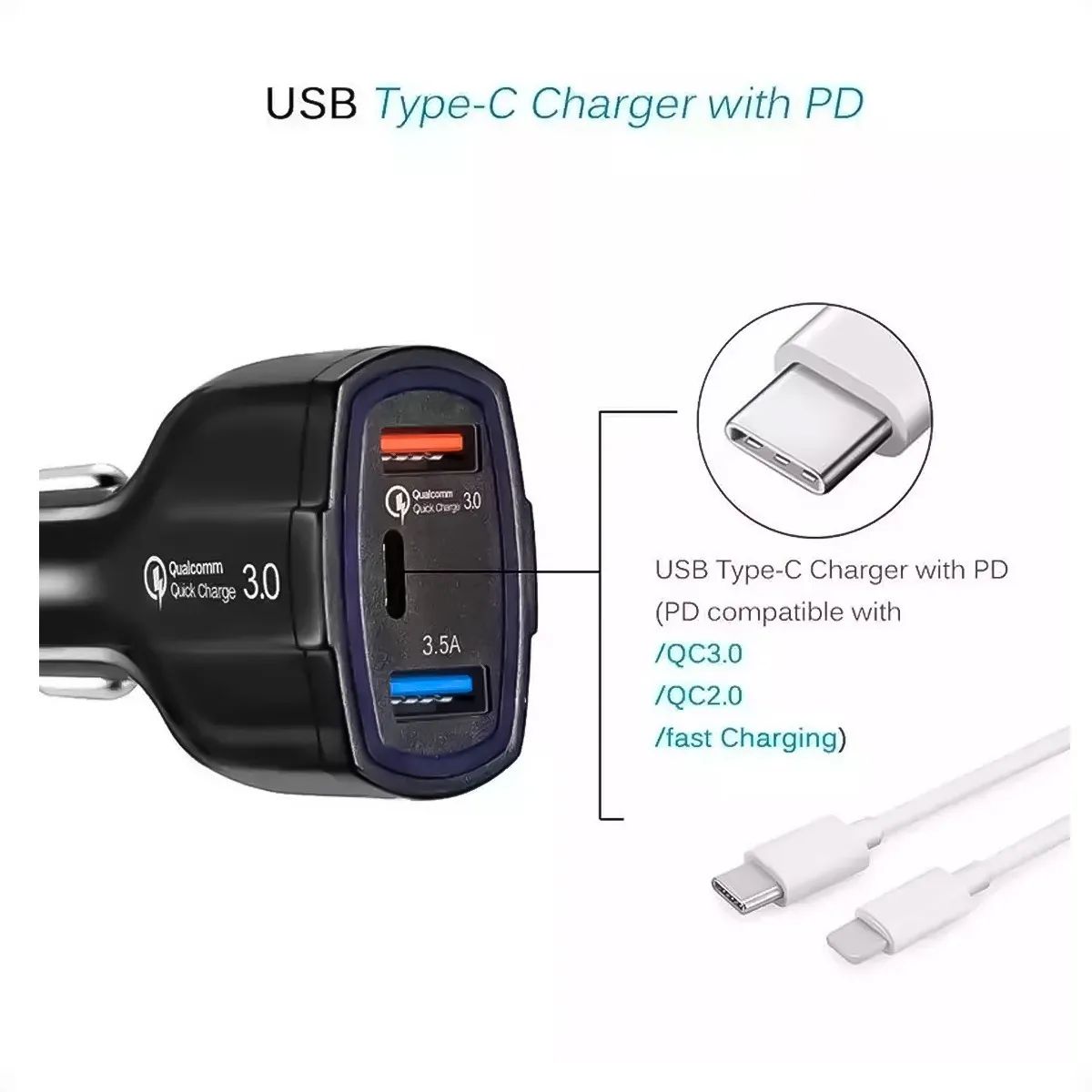 Cargador Usb Para Auto con Carga Rápida 2 Puertos 1tipo C Qc 3.0 - imagen 3