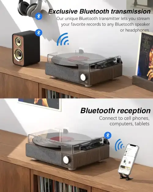 BANDEJA DE VINILOS BLUETOOTH CON PARLANTE 3 VELOCIDADES MADERA+PVC 3Wx2RMS 5V 1A 32.5x27x13.1cm - imagen 2