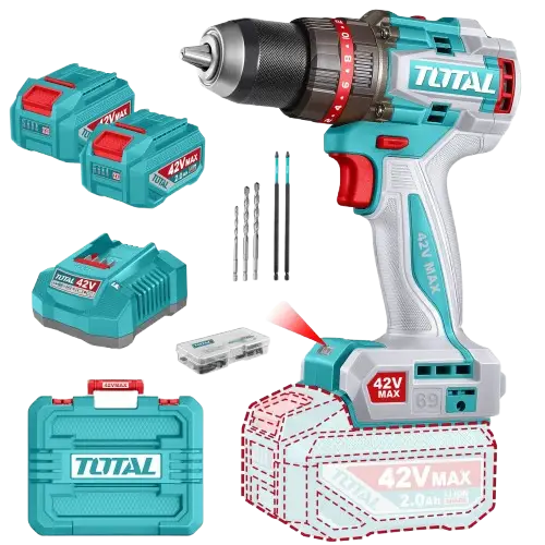TALADRO PERCUTOR Y ATORNILLADOR INALÁMBRICO COMPACTO INDUSTRIAL 42V 69Nm S/CARBONES 2 BATERÍAS 2.0Ah, CARGADOR Y MALETÍN