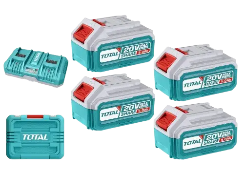 KIT/SET 4 BATERÍAS LITIO-ION 5.0Ah 20V + CARGADOR DOBLE RÁPIDO 8A INDUSTRIAL