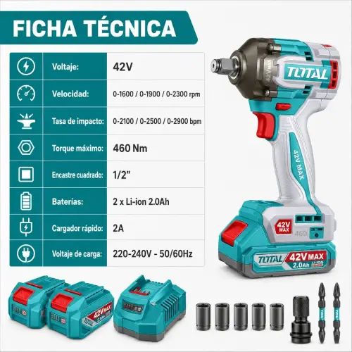 LLAVE DE IMPACTO INALÁMBRICA 460Nm ½" S/CARBONES DE 42V C/2 BATERÍAS 2.0Ah INDUSTRIAL C/CARGADOR Y MALETÍN - imagen 2