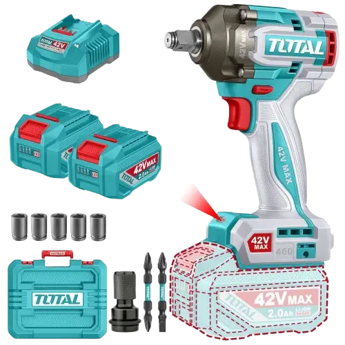 LLAVE DE IMPACTO INALÁMBRICA 460Nm ½" S/CARBONES DE 42V C/2 BATERÍAS 2.0Ah INDUSTRIAL C/CARGADOR Y MALETÍN