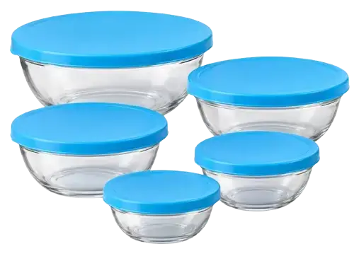 SET 5 BOWLS DE VIDRIO c/TAPA PLÁSTICA A PRESIÓN - imagen 1