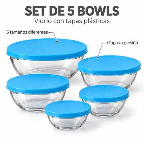 SET 5 BOWLS DE VIDRIO c/TAPA PLÁSTICA A PRESIÓN - imagen 4