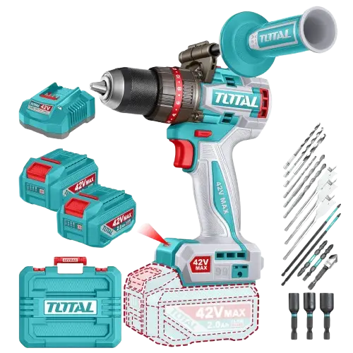 TALADRO PERCUTOR Y ATORNILLADOR TOTAL 42V BRUSHLESS 99Nm 2 BATERÍAS 2.0Ah + CARGADOR + ACCESORIOS + MALETÍN