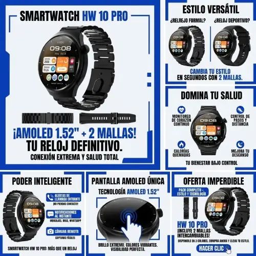 SMARTWATCH HW 10 PRO CON 2 MALLAS INTERCAMBIABLES PANTALLA AMOLED 1.52" 3.7V - imagen 3