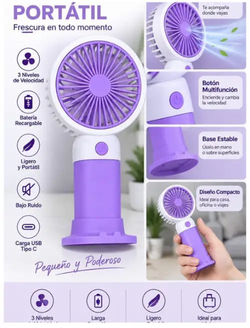 VENTILADOR PORTÁTIL LILA Y BLANCO - imagen 2