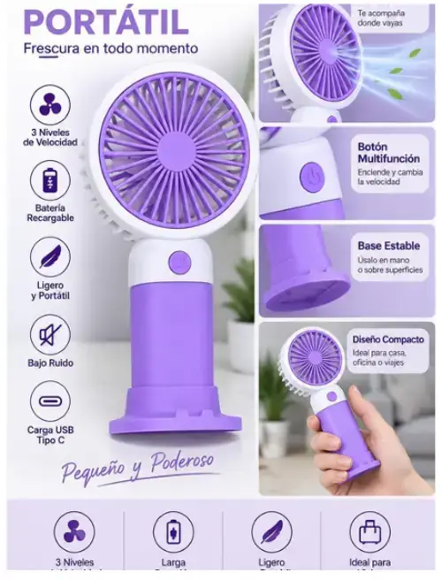 VENTILADOR PORTÁTIL LILA Y BLANCO - imagen 2
