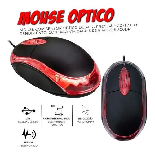 MOUSE CON CABLE USB 3 BOTONES LUZ LED ROJO - imagen 2