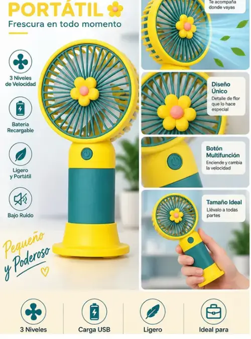 VENTILADOR PORTÁTIL VERDE Y AMARILLO DISEÑO FLOR - imagen 2