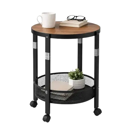 MESA AUXILIAR CIRCULAR CON RUEDAS 9.5cm 2 NIVELES MALLA DE ACERO+MDF 52x35cm - imagen principal