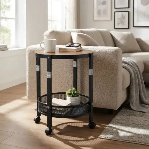 MESA AUXILIAR CIRCULAR CON RUEDAS 9.5cm 2 NIVELES MALLA DE ACERO+MDF 52x35cm - imagen 3