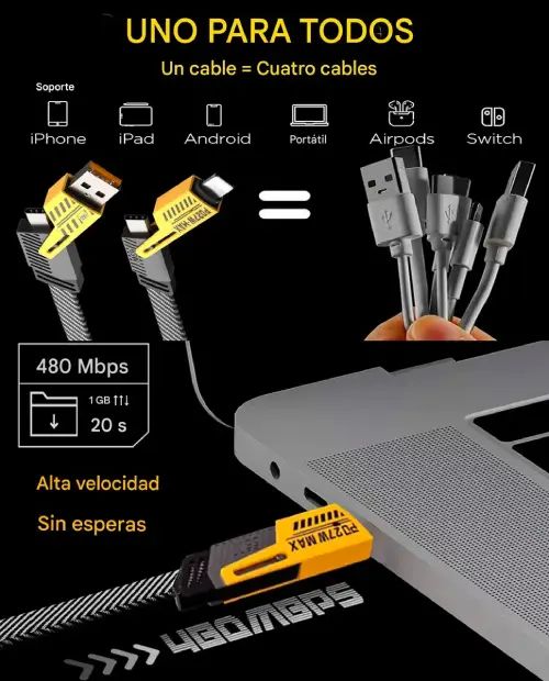 CABLE REFORZADO DE CARGA RÁPIDA Y DATOS USB 4 EN 1 TREQA 1.2M - imagen 3