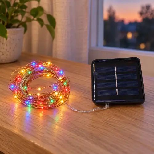 LUCES MULTICOLOR x100 HILO COBRE 10mts c/PANEL SOLAR 6.8x6.3cm - imagen 3