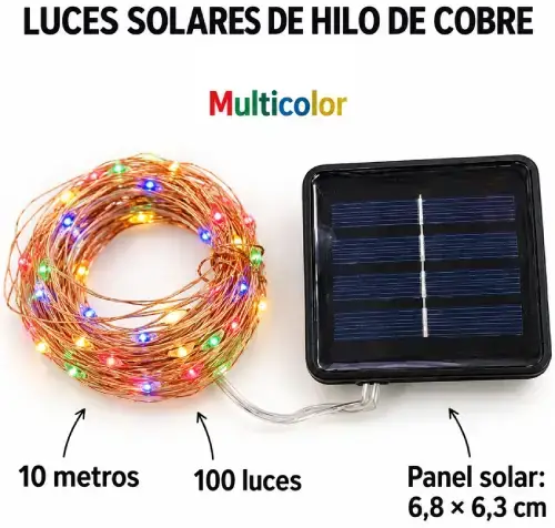 LUCES MULTICOLOR x100 HILO COBRE 10mts c/PANEL SOLAR 6.8x6.3cm - imagen 4