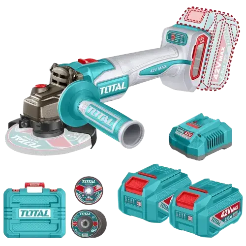 AMOLADORA INALÁMBRICA 4½" 42V 9000RPM MOTOR S/CARBONES C/CARGADOR, MALETÍN Y 2 BATERÍAS 2.0Ah 1080W INDUSTRIAL AMOLADORA INALÁMBRICA 4½" 42V 9000RPM MOTOR S/CARBONES C/CARGADOR, MALETÍN Y 2 BATERÍAS 2.0Ah 1080W INDUSTRIAL