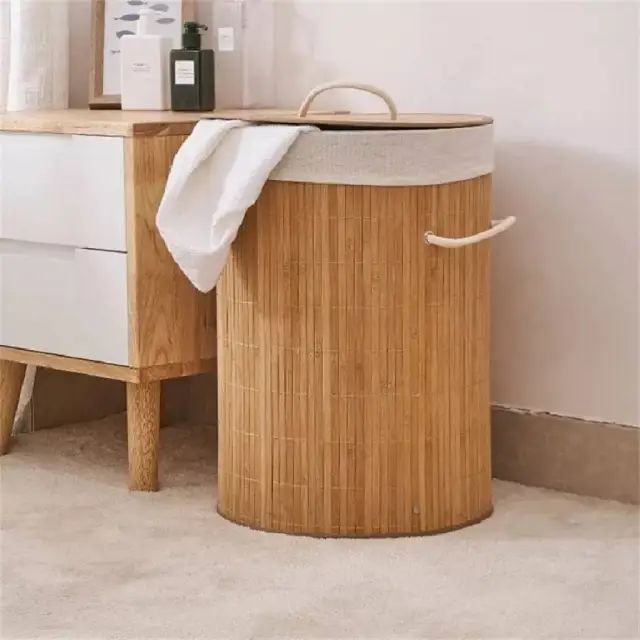 Cesto De Ropa De Bambú Cilíndrico - imagen 2
