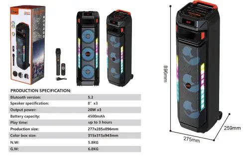 PARLANTE 3x8" RGB KARAOKE MICRÓFONO 27,7×28,5×89,6cm - imagen 3
