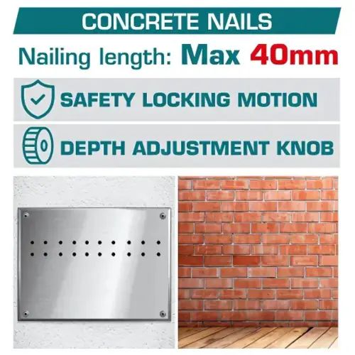 CLAVADORA INALÁMBRICA 40mm 42V PARA CONCRETO Y ACERO C/MIL CLAVOS 27mm, CARGADOR, MALETÍN Y 2 BATERÍAS 2.5Ah INDUSTRIAL - imagen 2