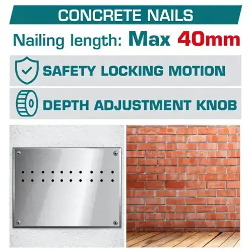 CLAVADORA INALÁMBRICA 40mm 42V PARA CONCRETO Y ACERO C/MIL CLAVOS 27mm, CARGADOR, MALETÍN Y 2 BATERÍAS 2.5Ah INDUSTRIAL - imagen 2