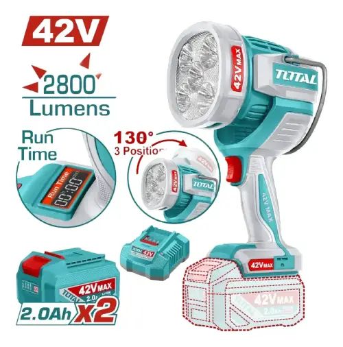 FAROL DE TRABAJO INALÁMBRICA 3 NIVELES HASTA 2800 LÚMENES 42V C/CARGADOR Y 2 BATERÍAS 2.0Ah INDUSTRIAL - imagen 3