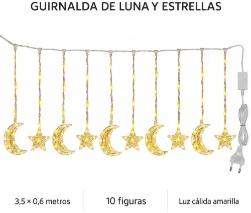 LUCES CÁLIDAS DISEÑO LUNAS Y ESTRELLAS x10 c/ENCHUFE 3.5x0.6m - imagen 2