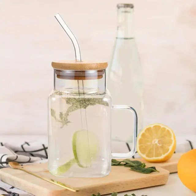 Vaso Cuadrado De Vidrio Con Asa Y Popote - imagen 2